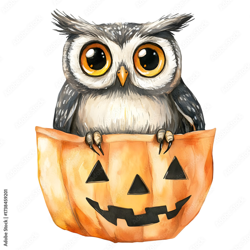 Obraz premium An owl in a carved pumpkin, a symbol associated with Halloween. Halloween. Watercolor 2D illustration isolated on a transparent background.