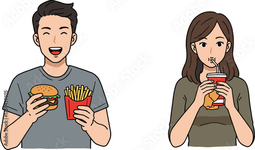 Happy friends enjoying fast food, burger, fries, drink, casual lifestyle, eating together, snack time, urban dining, illustration, cartoon characters