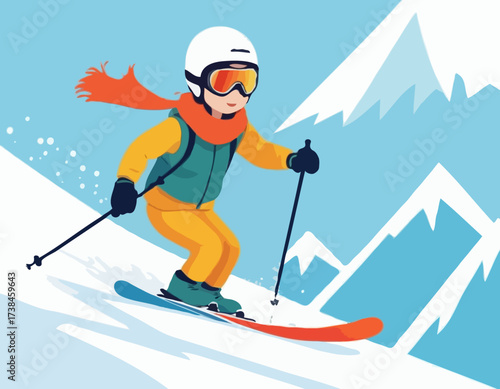 Child Skiing Down image vector. Child Skiing Down Illustrations isolated on white background.