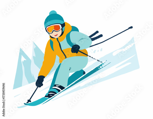 Child Skiing Down image vector. Child Skiing Down Illustrations isolated on white background.