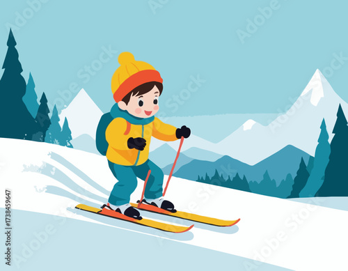 Child Skiing Down image vector. Child Skiing Down Illustrations isolated on white background.