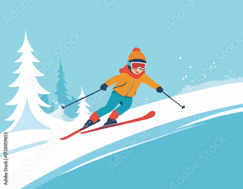 Child Skiing Down image vector. Child Skiing Down Illustrations isolated on white background.