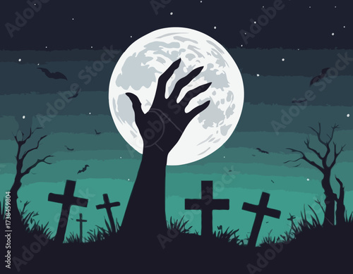 Zombie Hand Rising from the Grave with Full Moon Silhouette Background Vector Illustration