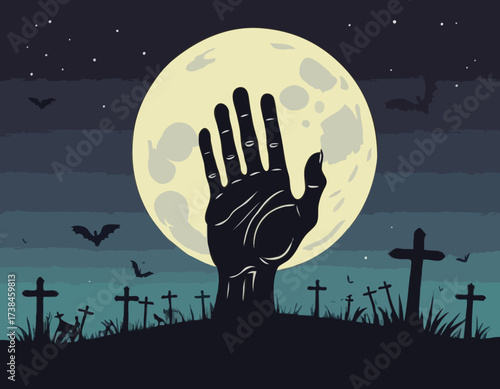 Zombie Hand Rising from the Grave with Full Moon Silhouette Background Vector Illustration