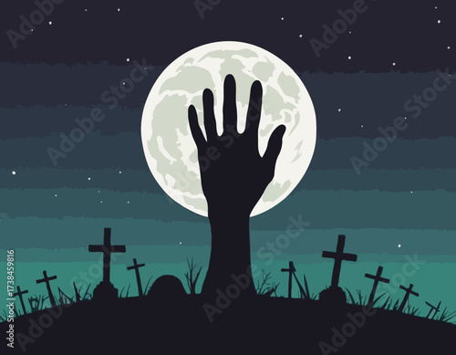Zombie Hand Rising from the Grave with Full Moon Silhouette Background Vector Illustration