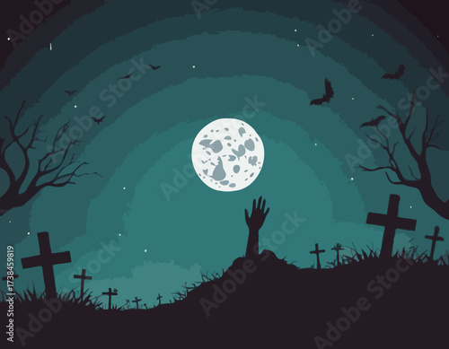 Zombie Hand Rising from the Grave with Full Moon Silhouette Background Vector Illustration