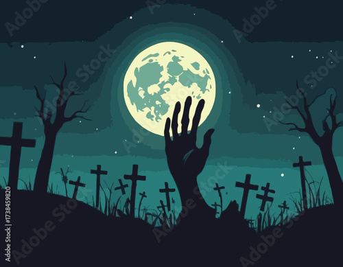 Zombie Hand Rising from the Grave with Full Moon Silhouette Background Vector Illustration