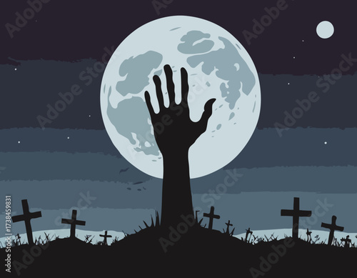 Zombie Hand Rising from the Grave with Full Moon Silhouette Background Vector Illustration