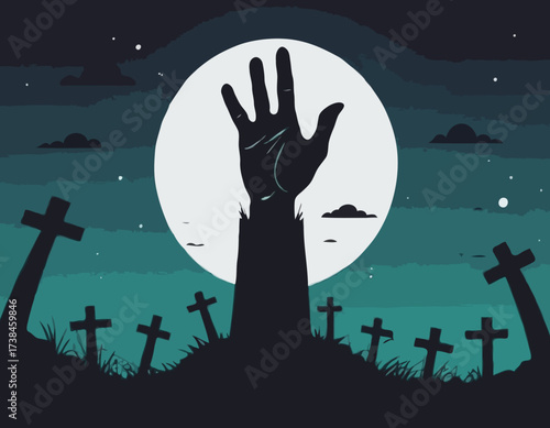 Zombie Hand Rising from the Grave with Full Moon Silhouette Background Vector Illustration