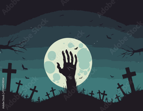Zombie Hand Rising from the Grave with Full Moon Silhouette Background Vector Illustration
