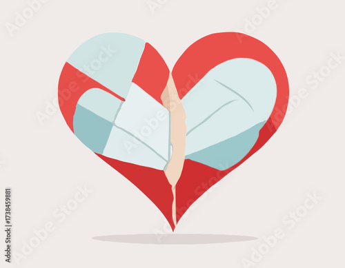Broken heart with a bandage wrapped around Image vector isolated on white background.