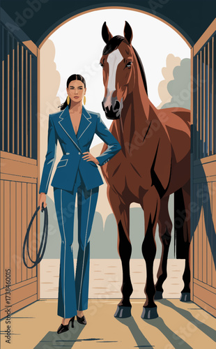 A flat illustration depicting a personable woman in an expensive suit leading a sports horse to a race. Vector graphics. EPS.