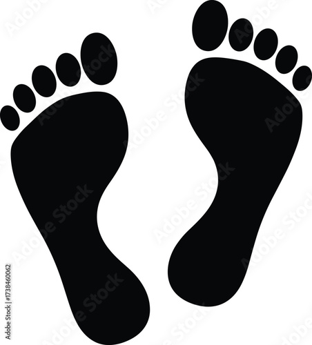 Black footprint silhouette vector, human feet icon design, walking path symbol, barefoot print illustration, step track graphic template