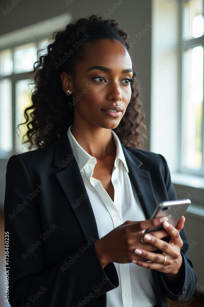 Obraz premium Photorealistic portrait of a business woman with dark skin and a pensive expression, using a smartphone