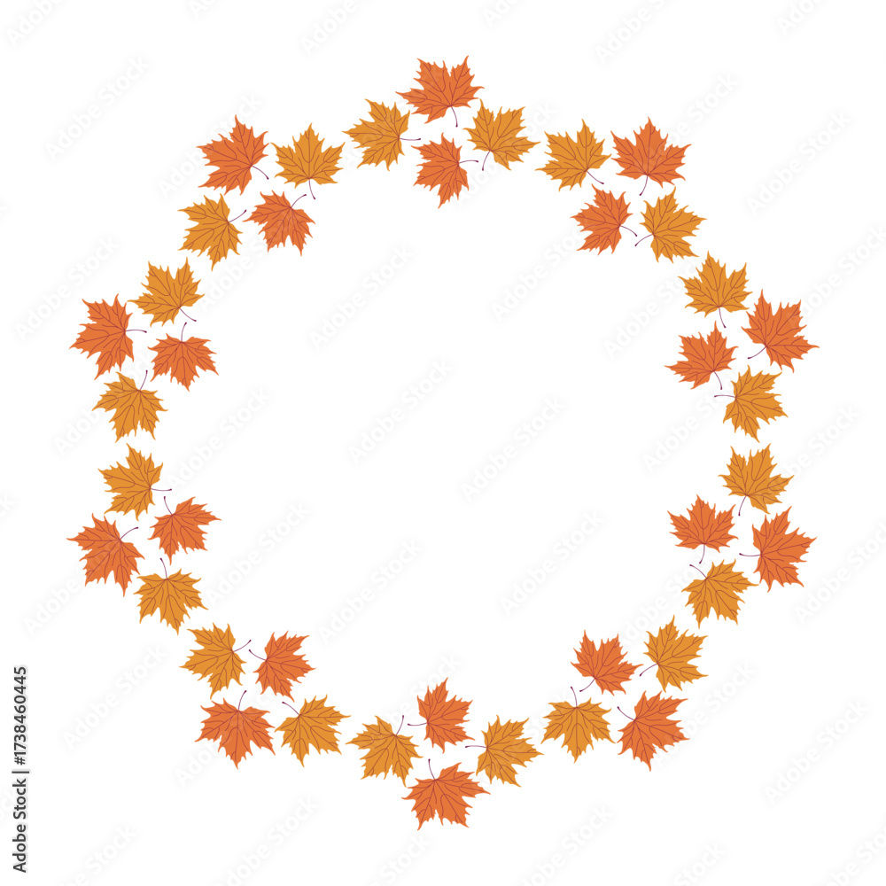 Fototapeta premium Autumn maple leaves wreath. Decorative circle frame. Fall plants round border. Hand drawn flat design vector illustration.