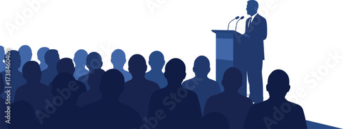 Business conference vector, professional speaker at podium with microphone, corporate seminar audience illustration, keynote presentation training session design