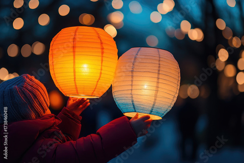 During traditional Saint Martin's day parade in Germany, a young girl gently holds a large illuminated paper lantern, surrounded by a magical atmosphere of glowing lights and community spirit