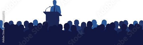 Business conference vector, professional speaker giving keynote speech at podium, corporate seminar presentation with large audience illustration