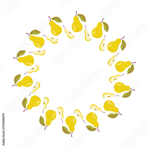 Cute Autumn fruit wreath. Pear with leaf and sliced pear circle frame. Harvest festival theme. Fall plants round border. Hand drawn flat design vector illustration.

