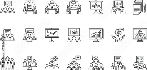 Business meeting presentation icons, teamwork collaboration vector set, corporate communication symbols, office management, leadership, planning, growth strategy illustrations