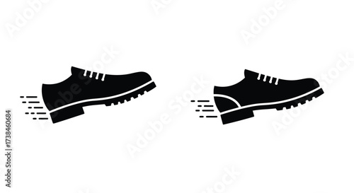 Two black leather shoes depicted in motion with speed lines