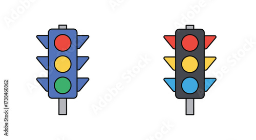 Two traffic lights displaying different signal indications are shown