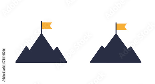 Two dark mountain peaks with golden flags waving in simple design
