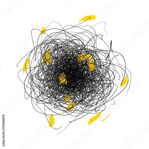 Abstract tangled lines with yellow accents on white