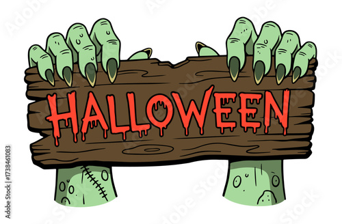 zombie hands holding a Halloween wooden sign cartoon illustration