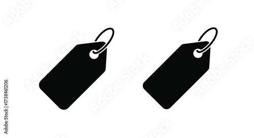 Two simple black tag icons with metal rings isolated on white background