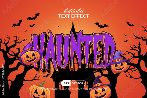 Purple Haunted Text Effect With Halloween Illustration Background. Editable Text Effect.