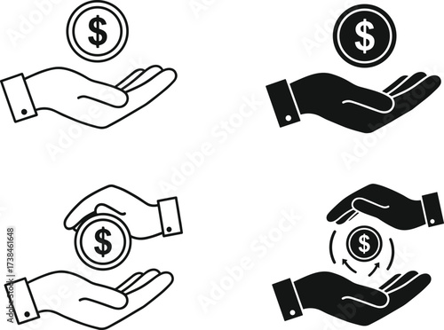 Donation hand with coin icons, money giving symbols, charity support, financial aid, saving, banking, investment, economy vector illustrations