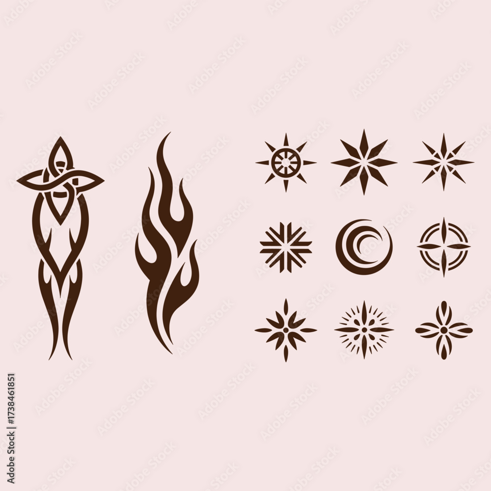 Obraz premium Collection of Celtic knot tribal flame and starburst graphic symbols in brown on a pale pink background