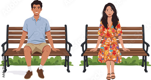 Outdoor bench scene, summer clothing, casual sitting, man and woman, lifestyle moment, green grass, social distance, relaxed mood, daylight, simplicity