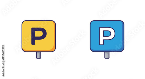 Two parking signs one yellow and one blue with a white p
