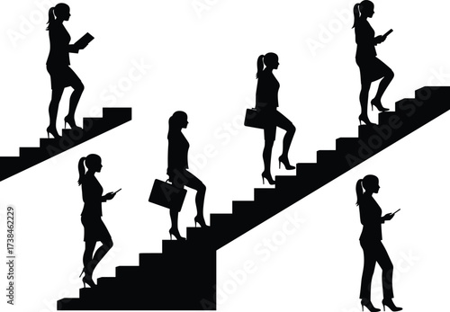 Silhouette illustration of businesswoman walking and climbing stairs with tablet and briefcase, symbolizing career growth, leadership, progress, ambition, success.