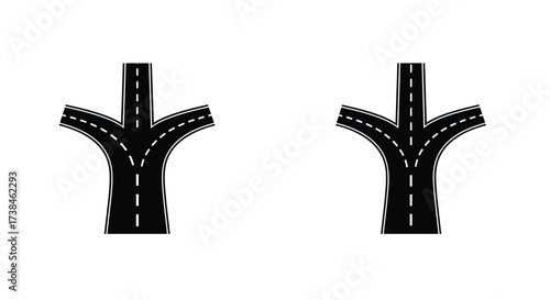 Black and white illustration of two diverging highway or road junctions