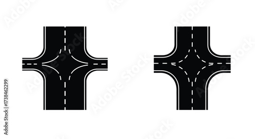 Simple illustration of two intersecting roads with dashed lane markings