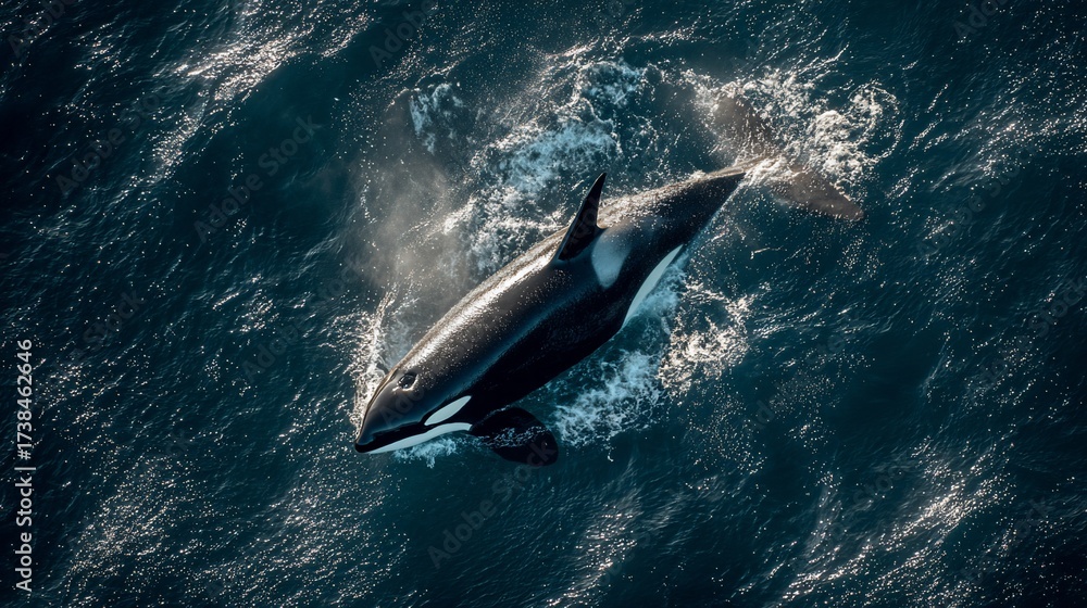 Fototapeta premium Aerial shot of a killer whale breaching ocean surface, water splashing, top view