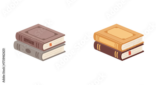 Two stacks of books with varying colors and bindings displayed