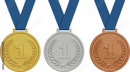 Gold silver bronze medals vector, award winner icons, achievement recognition design, sports competition prize illustration, success trophy symbols