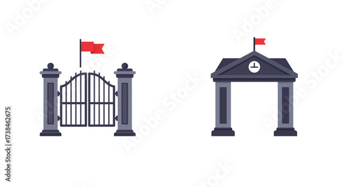 Elegant gate with red flags and ornate architectural details displayed