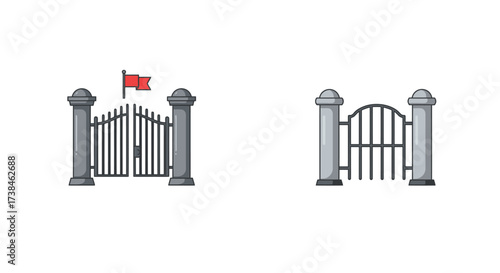 Illustration of two ornate metal gates with red flags on top