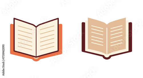 Two open books with different colored covers and page details