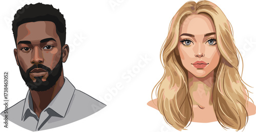 Stylized portrait of diverse man and woman, curly hair, blonde waves, expressive illustration, character design, emotional contrast, artistic reference, diversity