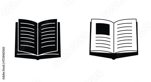 Two open books in black and white side by side illustration