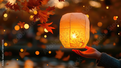 Kid holding a luminous handmade paper lantern during a Saint Martin's day procession in Germany, celebrating the autumnal holiday with glowing lights and falling leaves