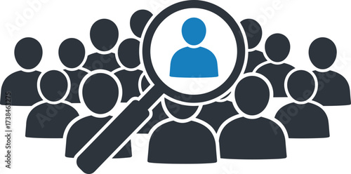 Human resource recruitment vector, candidate search icon, magnifying glass over people, hiring, job selection, employee search illustration