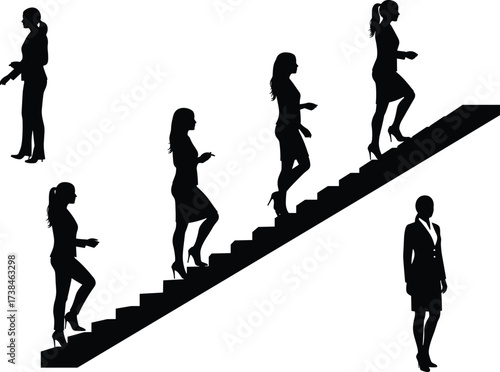 Silhouette vector illustration of businesswoman walking upstairs representing career growth, professional progress, leadership success, motivation, opportunity, and workplace development journey.