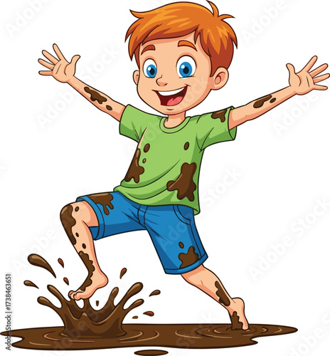 Cartoon child playing in muddy puddle, joyful childhood fun, messy outdoor activity, happy kid splashing water, cad drawing flat vector illustration